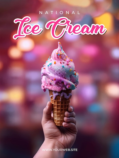 a National Ice Cream Day poster with delicious ice cream in the background