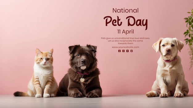 PSD national pet day concept cat and dogs sitting calmly on the canvas on pink background