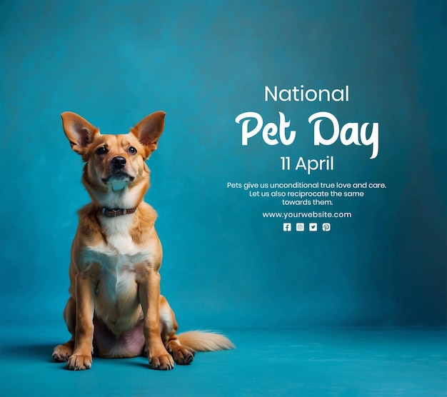 PSD national pet day concept dog looking forward and sitting calmly on cyan background