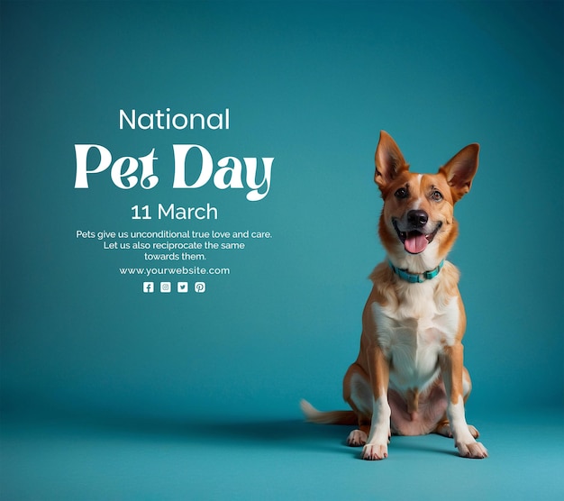 PSD national pet day concept dog looking forward and sitting calmly on cyan background