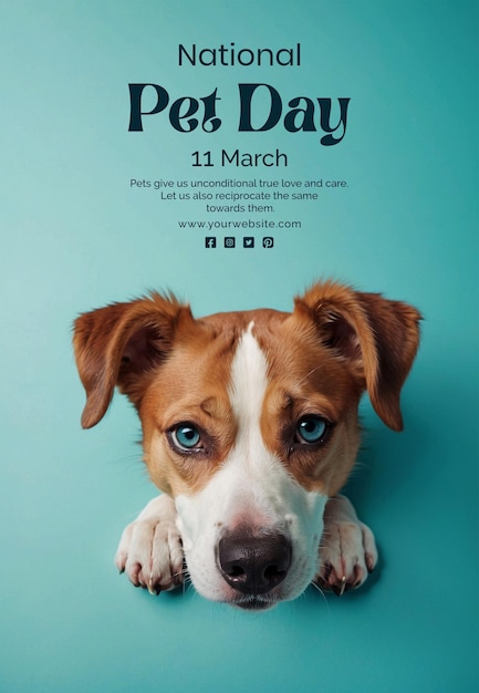 PSD national pet day concept dog sitting calmly and looking forward scene on cyan background