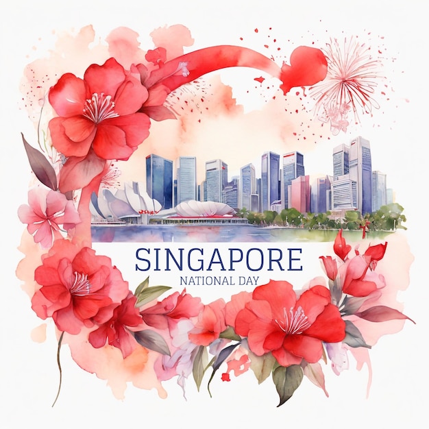 PSD national pride watercolor singapore cityscape with foreground red flower for national day concept