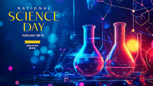 PSD national science day february 28th banner design with laboratory equipment illustratoin