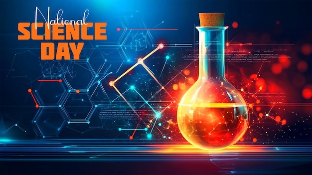 PSD national science day february 28th banner design with laboratory equipment illustratoin