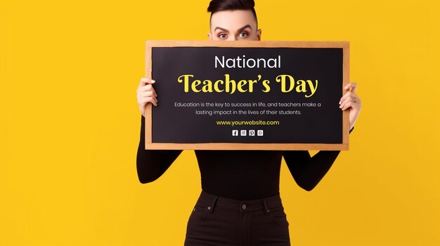 PSD national teachers day concept blackboard decoration on yellow texture background