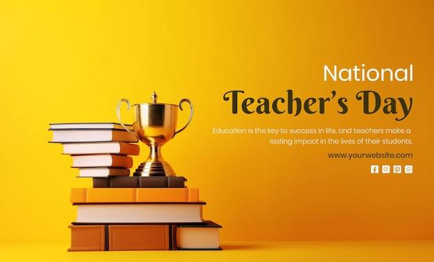 PSD national teachers day concept books stack with a trophy decoration on yellow background