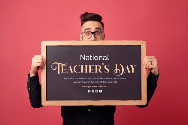 PSD national teachers day concept male teacher holding a blackboard on red background