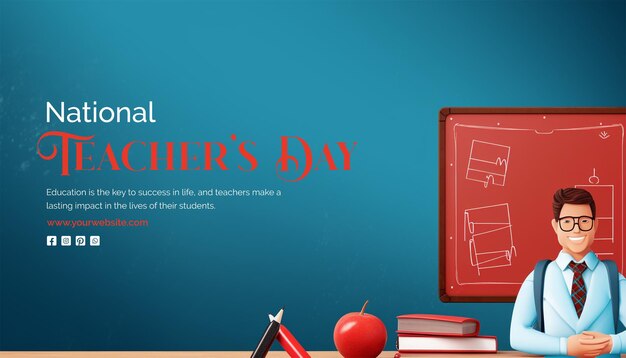 PSD national teachers day flat illustration concept male teacher holding a book with a blackboard