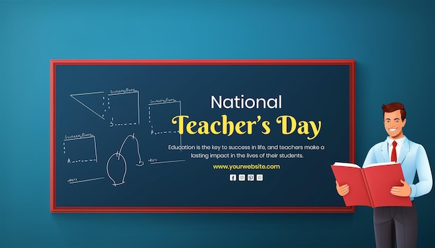 PSD national teachers day flat illustration concept male teacher holding a book with a blackboard