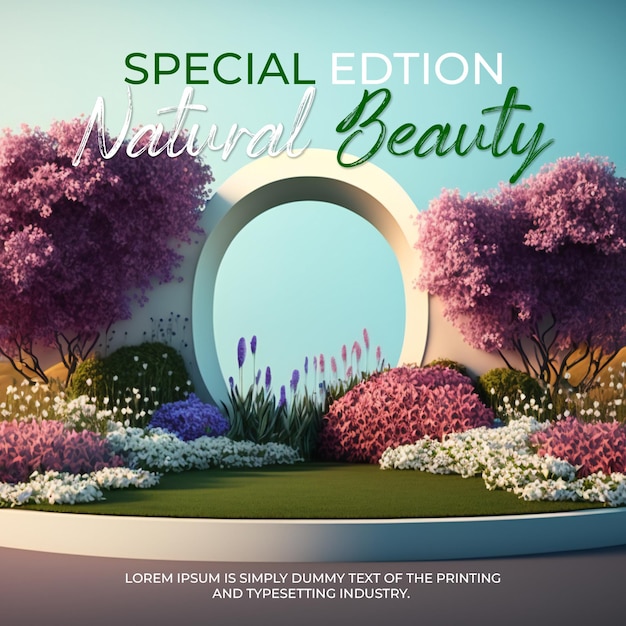 Natural beauty podium stage display backdrop with spring flowers field scene for product display