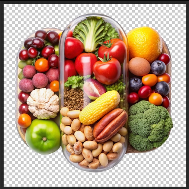 Natural food supplement concept as a pill or medicine capsule with fresh fruit and vegetables inside on a fork as a nutrition and dietary vitamin symbol for good eating health with a 3D render