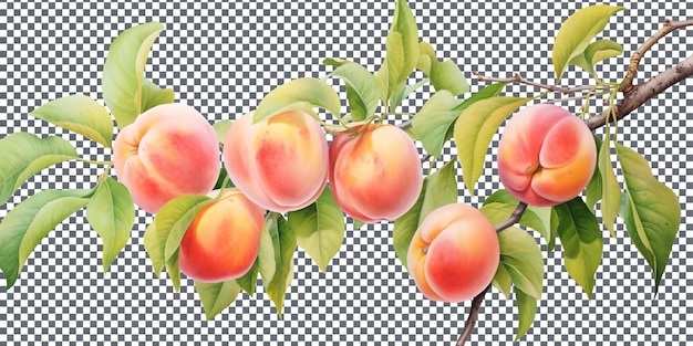 Natural and fresh peaches with long branch isolated on transparent background