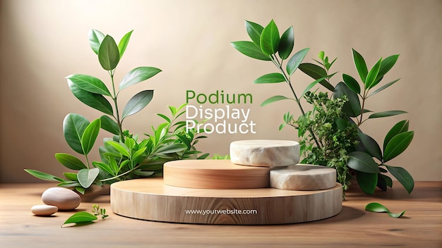 PSD natural product display with wooden platform and green plants