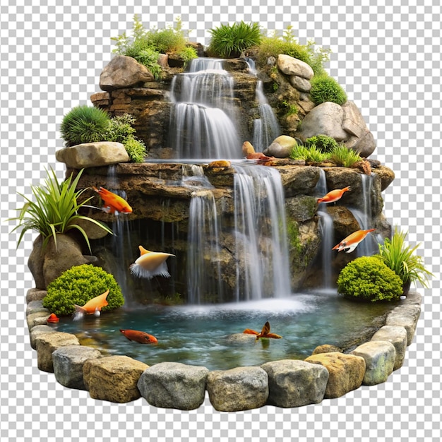 PSD natural rock fish pond with cascading waterfall on transparent background