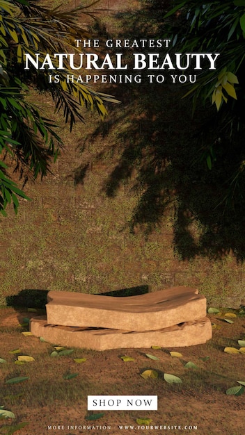 natural stone plate podium with moosy brick wall as background for product display