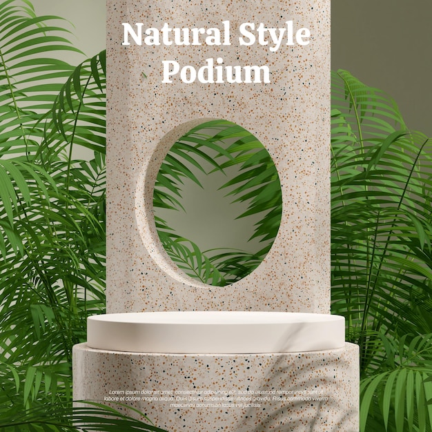 natural terrazzo podium in square palm plant and green wall 3d image render mockup template