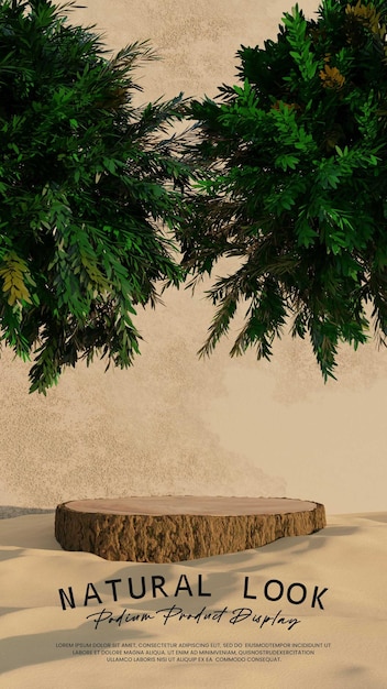 natural trunk podium with tree in sand for product presentation