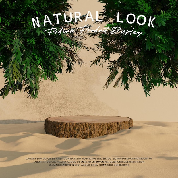 natural trunk podium with tree in sand for product presentation