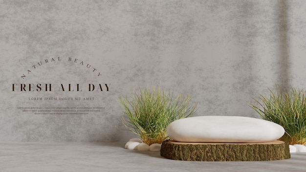 NATURAL TRUNK AND ROCK PODIUM WITH GRASS IN CONCRETE WALL BACKGROUND FOR PRODUCT PRESENTATION