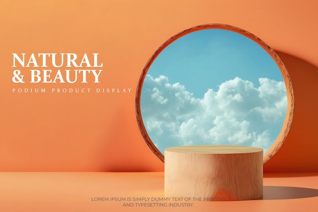 natural wood podium product display with a blue sky and clouds ,stage display mockup background