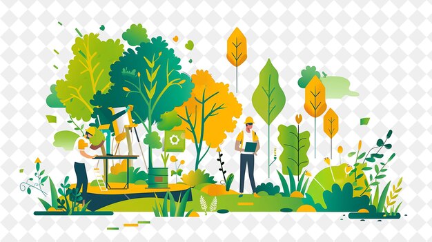 PSD naturalistic landscape architect with characters designing a png people in daily work illustration