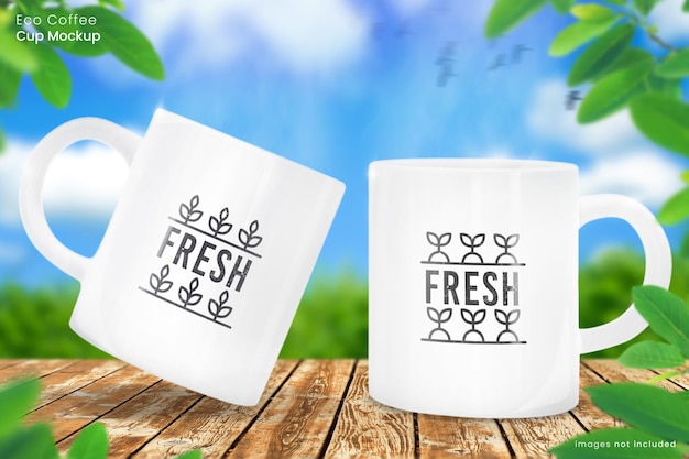 Nature Coffee cup mockup of two 11oz white ceramic mugs on wooden table with blue sky in background