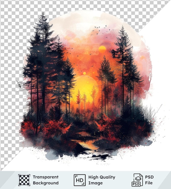 Nature watercolor art autumn night in tranquil forest colors with tall green trees white sky and