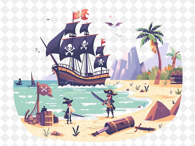 PSD nautical pirate with characters sailing and searching for tr png people in daily work illustration