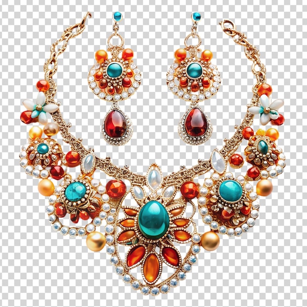 A necklace with a sun design featuring blue orange and red beads on transparent background