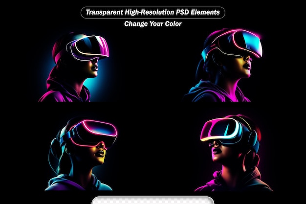 PSD neon 3d image of girl with vr glasses on black background