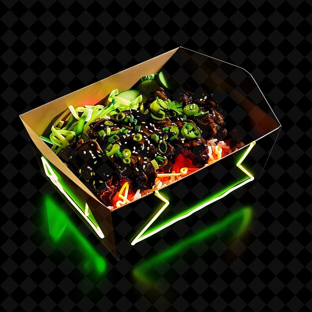 PSD neon 8 bit patterns beef teriyaki in a branded recyclable pa png neon food decor y2k collection