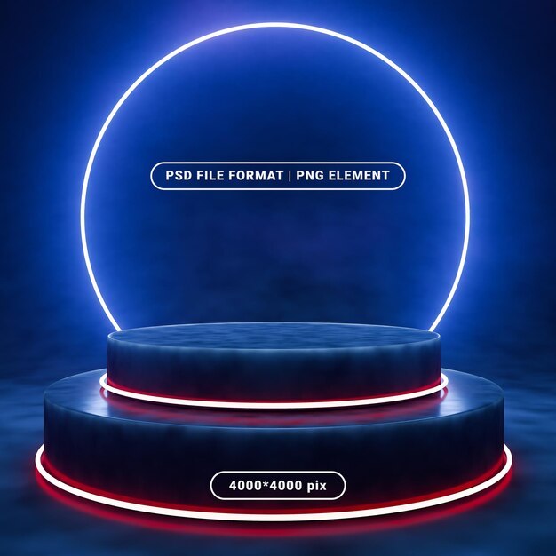 PSD neon blue circular podium with glowing ring 3d rendering