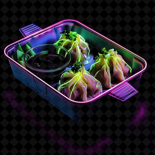 PSD neon cubist patterns siu mai dumplings in a branded recyclab png neon food decor y2k collection