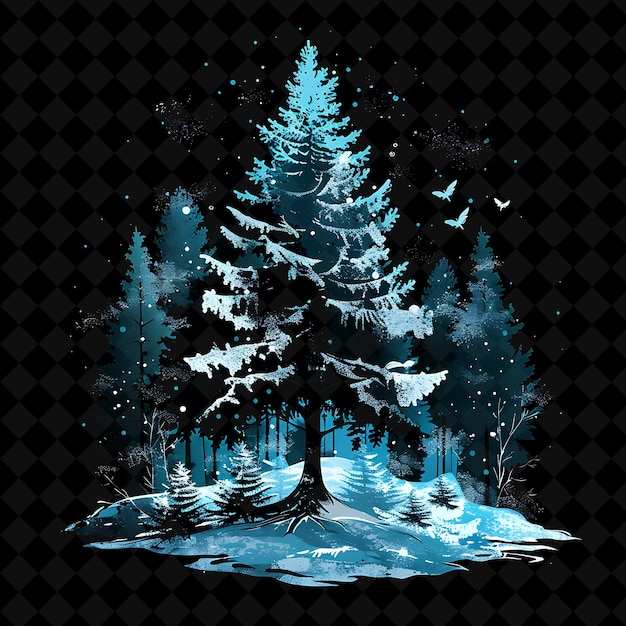 PSD neon enhanced winter forest inside a silhouette pine tree la png neon artistic landscape