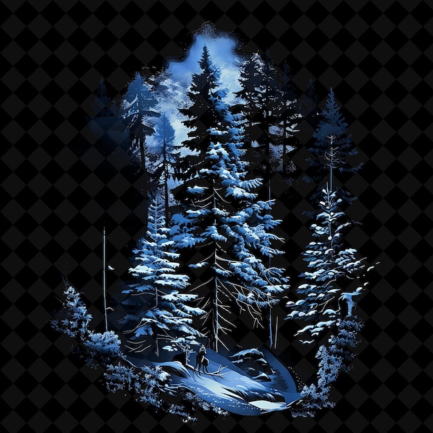 PSD neon enhanced winter forest inside a silhouette pine tree la png neon artistic landscape