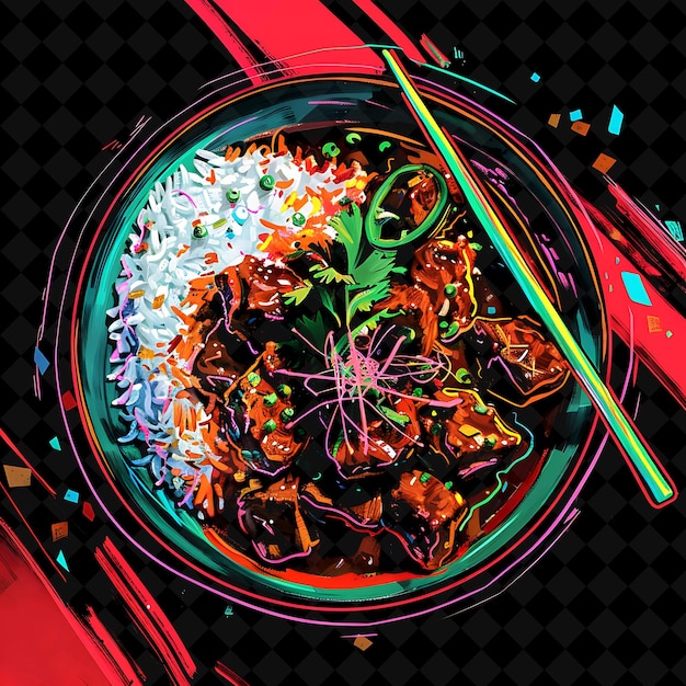 PSD neon expressionist brushstrokes beef rendang curry in a biod png neon food decor y2k collection