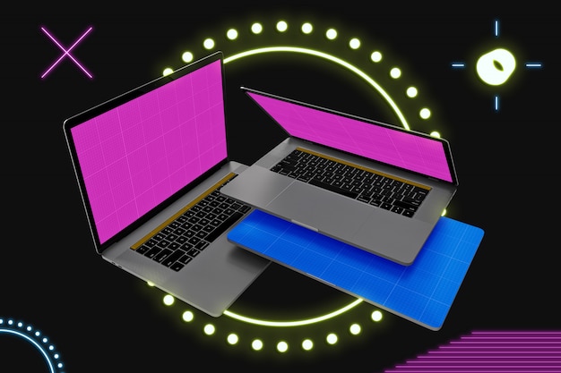 PSD neon floating laptop