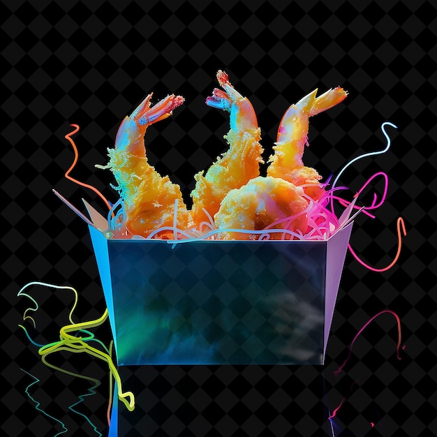 PSD neon futurist forms shrimp and vegetable tempura in a brande png neon food decor y2k collection