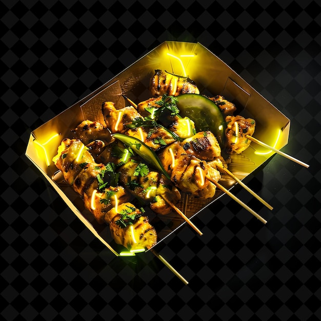 PSD neon geometric shapes chicken satay skewers in a branded rec png neon food decor y2k collection