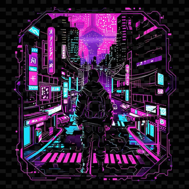 Neon Glitch Effect With a Candidate at a Cyberpunk Scene Lan Neon Line Art City View Background