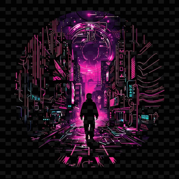 PSD neon glitch effect with a candidate at a cyberpunk scene lan neon line art city view background