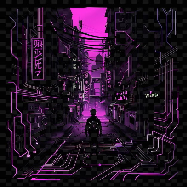 PSD neon glitch effect with a candidate at a cyberpunk scene lan neon line art city view background