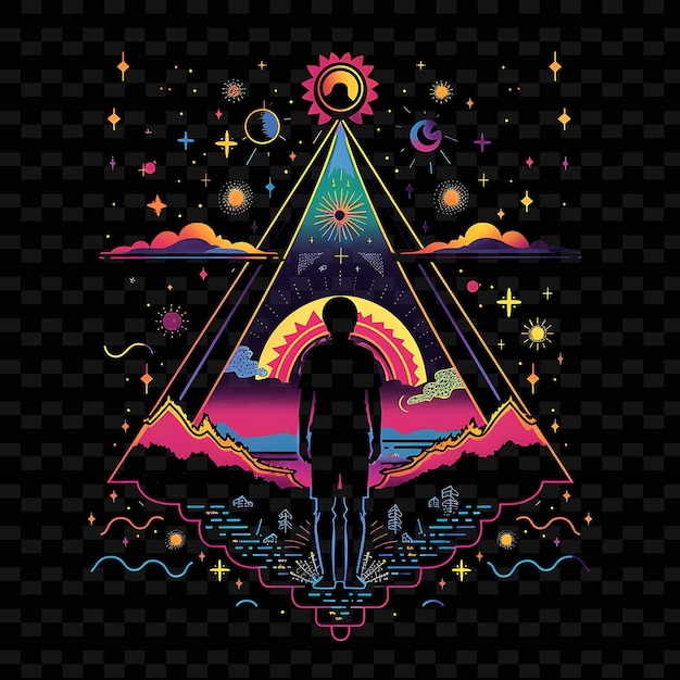 Neon Kaleidoscope Effect With a Candidate at a Psychedelic E Neon Line Art Landscape Background