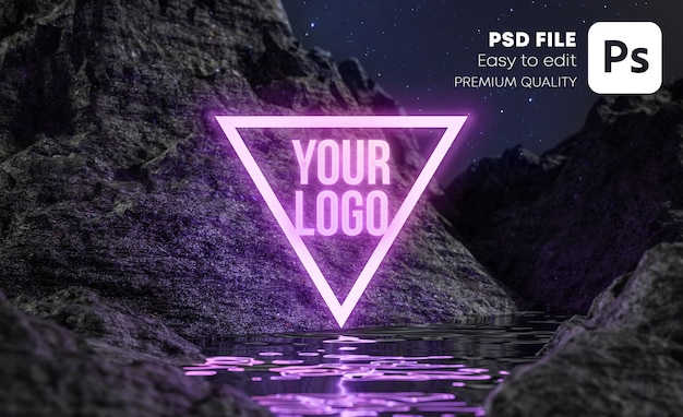 PSD neon logo water terrain night stars logo mockup