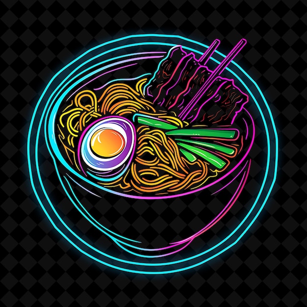 PSD neon neon noir lines pork belly ramen noodles in a sleek bla png neon food decor y2k collection