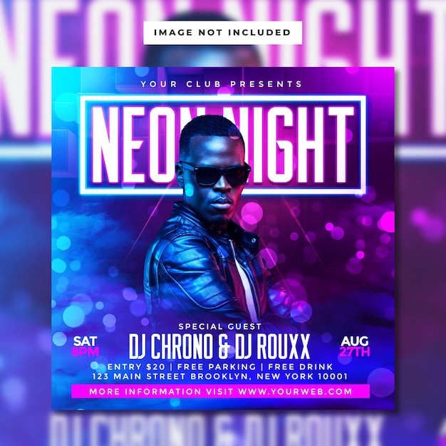 Neon night DJ party flyer template