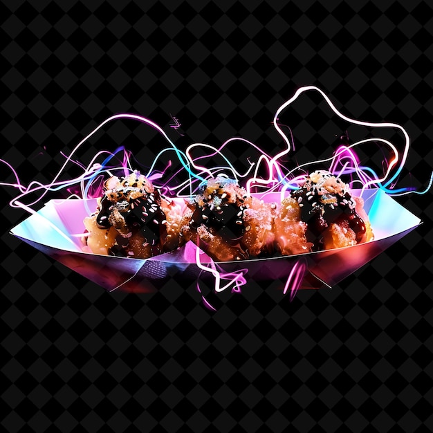 PSD neon outrun curves takoyaki octopus balls in a branded recyc png neon food decor y2k collection