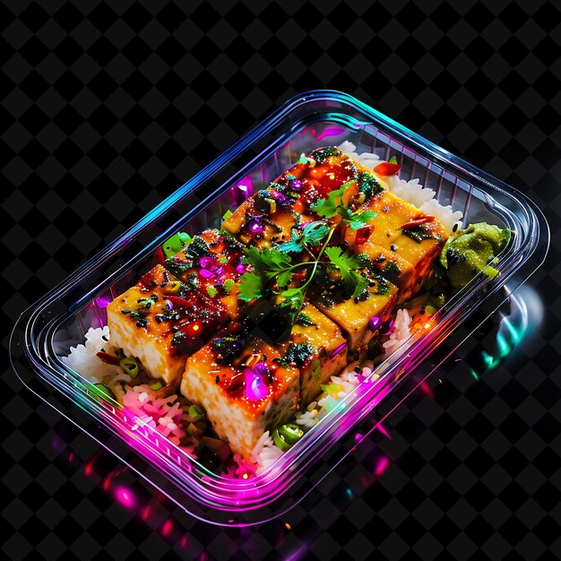 PSD neon pointillist dots mapo tofu in a clear recyclable plasti png neon food decor y2k collection