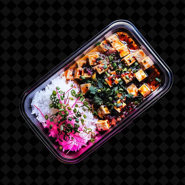 PSD neon pointillist dots mapo tofu in a clear recyclable plasti png neon food decor y2k collection