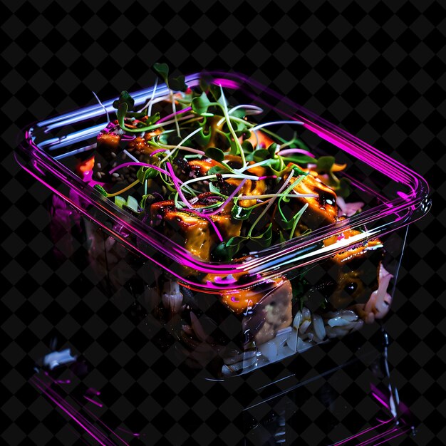 PSD neon pointillist dots mapo tofu in a clear recyclable plasti png neon food decor y2k collection